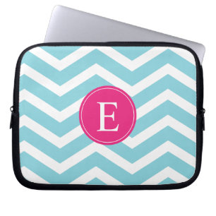 Protection Pour Ordinateur Portable Bleu blanc Chevron rose clair Monogramme