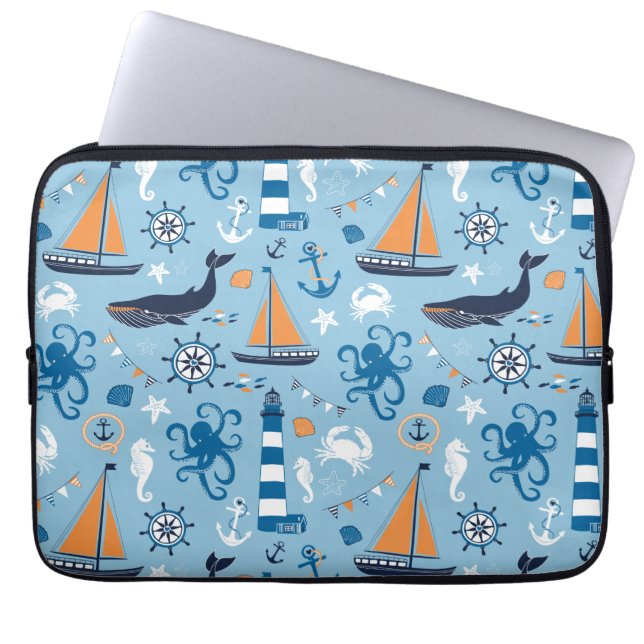 Protection Pour Ordinateur Portable Bleu et orange d'océan nautiques (Devant)