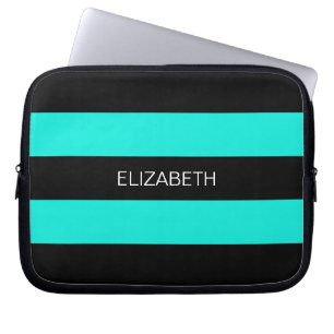 Protection Pour Ordinateur Portable Bright Aqua Black Horiz Preppy Stripe #3 Monogramm