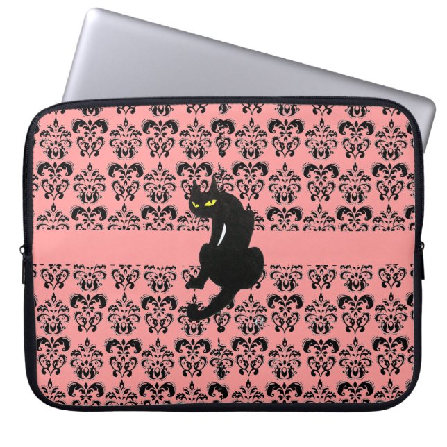 Protection Pour Ordinateur Portable CHAT NOIR DAMASK rose noire (Devant)