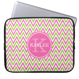 Protection Pour Ordinateur Portable Chaux rose moderne Vert Chevron & Monogramme