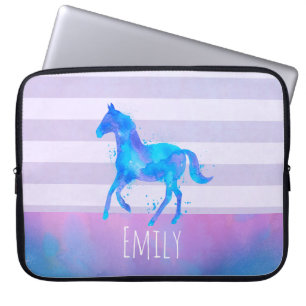 Protection Pour Ordinateur Portable Cheval sauvage en Aquarelle bleu et violet