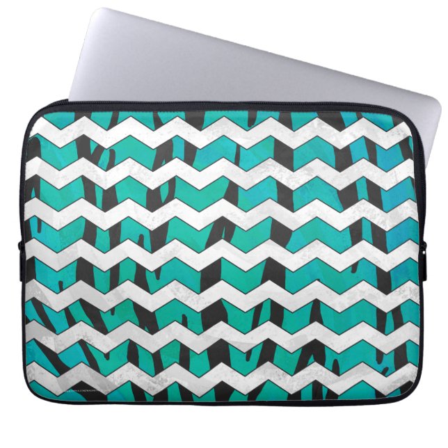 Protection Pour Ordinateur Portable Chevron Tiger noir et Turquoise (Devant)