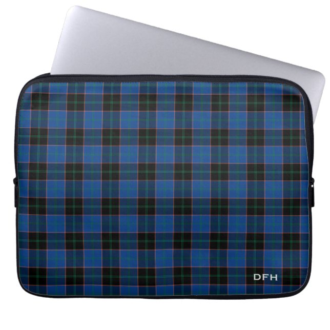 Protection Pour Ordinateur Portable Clan Hume Tartan Monogramme bleu et noir Plaid (Devant)