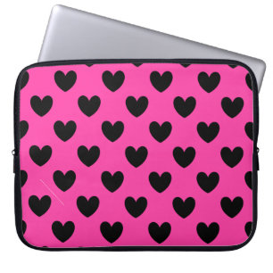 Protection Pour Ordinateur Portable Coeurs polka noirs sur rose fuchsia