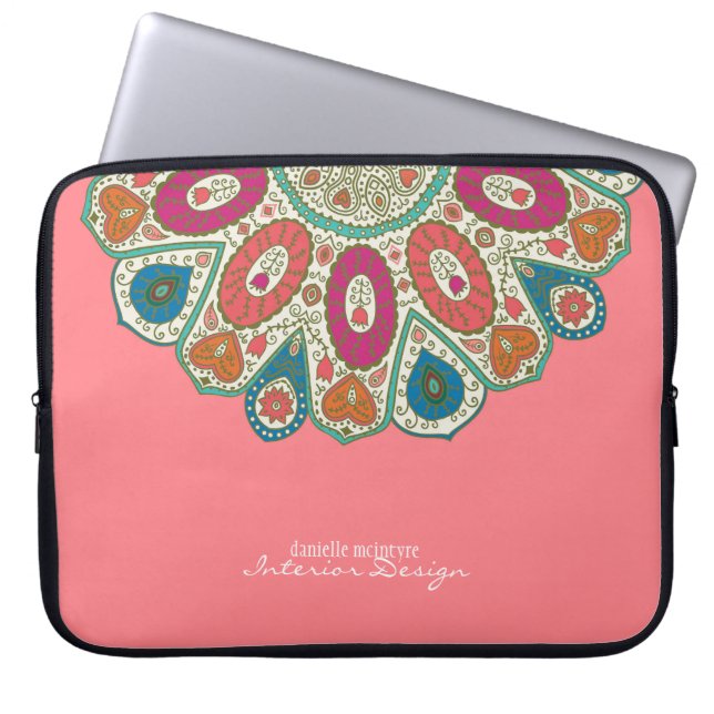 Protection Pour Ordinateur Portable Coral rose main dessinée Henné Cercle Motif Design (Devant)