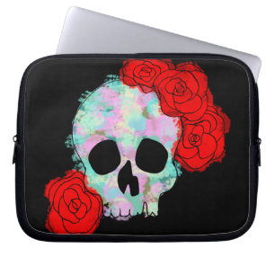 Protection Pour Ordinateur Portable Crâne aux fleurs Pastel Rose Aquarelle