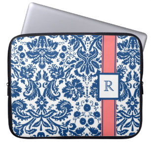 Protection Pour Ordinateur Portable Damassé florale de corail bleue de monogramme fai