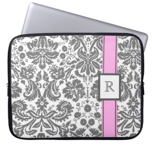 Protection Pour Ordinateur Portable Damassé florale rose grise de monogramme fait sur