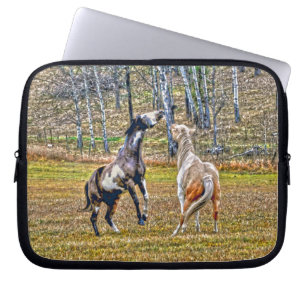 Protection Pour Ordinateur Portable Deux Chevaux de Peinture Pinto Jouant Équine Art D