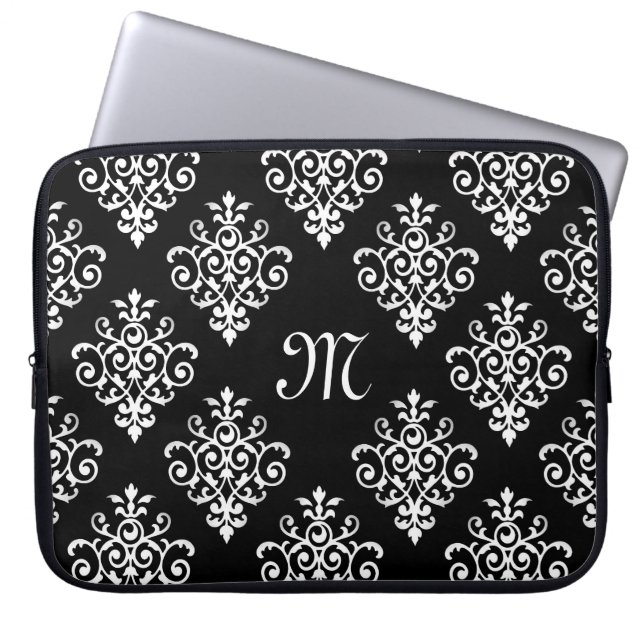 Protection Pour Ordinateur Portable Élégant modèle monographique noir et blanc Damas (Devant)