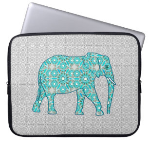 Protection Pour Ordinateur Portable Eléphant fleur Mandala - turquoise, gris & blanc
