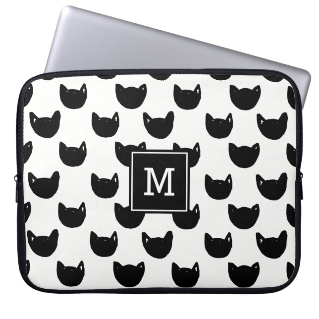 Protection Pour Ordinateur Portable Fille chic Doodle chat noir Monogramme Personnalis (Devant)