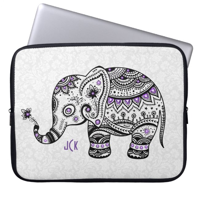 Protection Pour Ordinateur Portable Fleurs rétro & Diamants Eléphants Violets (Devant)