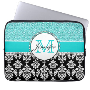 Protection Pour Ordinateur Portable Girly, turquoise, damassé noire de parties
