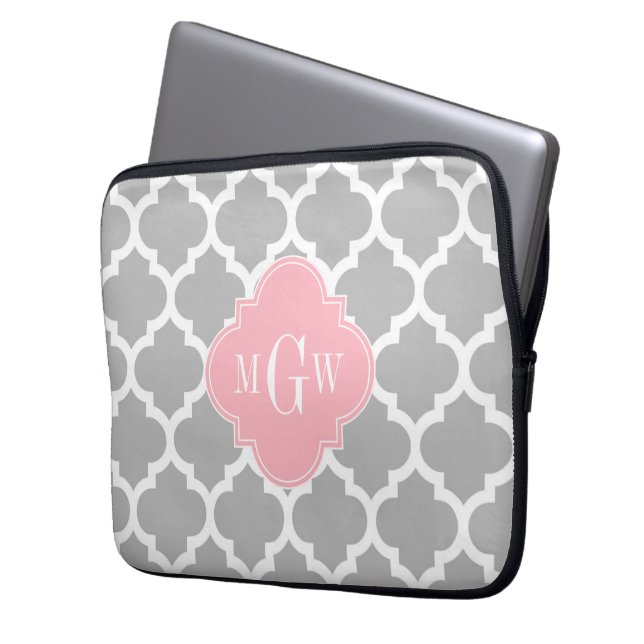 Protection Pour Ordinateur Portable Gris Blanc Marocain #5 Rose 3 Monogramme initial (devant gauche)