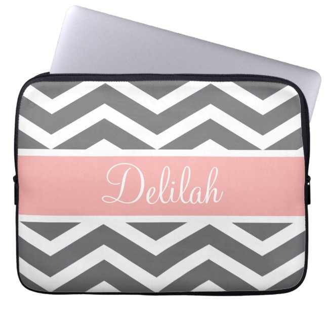 Protection Pour Ordinateur Portable Gris Gris Pêche Chevron Nom personnalisé (Devant)
