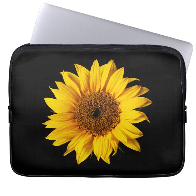 Protection Pour Ordinateur Portable Jaune de tournesol sur le noir - fleurs (Devant)