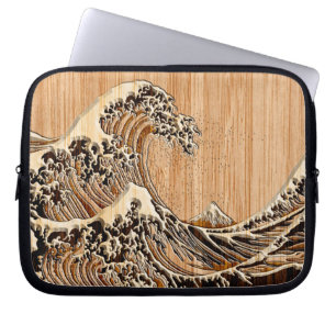 Protection Pour Ordinateur Portable Le Grand Hokusai Vague Bambou Bois Inlay Style