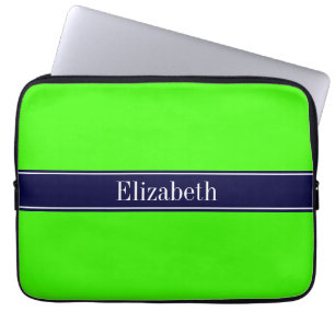 Protection Pour Ordinateur Portable Lime solide vert, ruban bleu marine Nom Monogramme