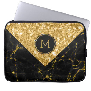 Protection Pour Ordinateur Portable Marbre noir et Parties scintillant or Design géomé
