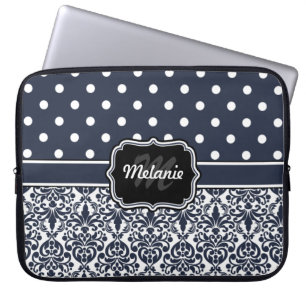 Protection Pour Ordinateur Portable Marine bleu Monogramme Damask Polka Dot