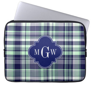 Protection Pour Ordinateur Portable Mint Marine Blanc Preppy Madras Quatrefoil Monogra