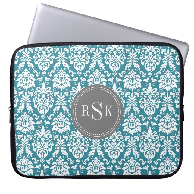 Protection Pour Ordinateur Portable Monogram Trio Turquoise Damask (Devant)