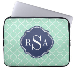 Protection Pour Ordinateur Portable Monogramme bleu Mod Mint Green Trellis