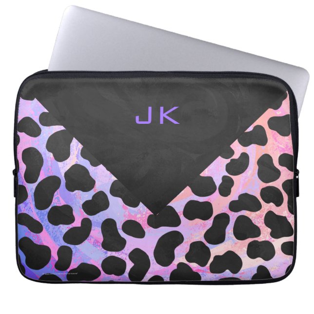 Protection Pour Ordinateur Portable Monogramme Dalmatien noir et rose (Devant)