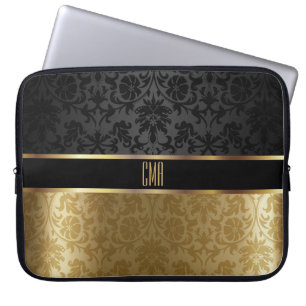 Protection Pour Ordinateur Portable Monogramme Damask Noir avec or Floral