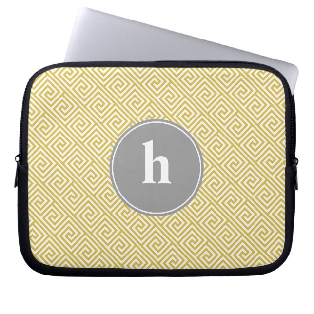 Protection Pour Ordinateur Portable Monogramme de Motif de clé grecque jaune et gris (Devant)