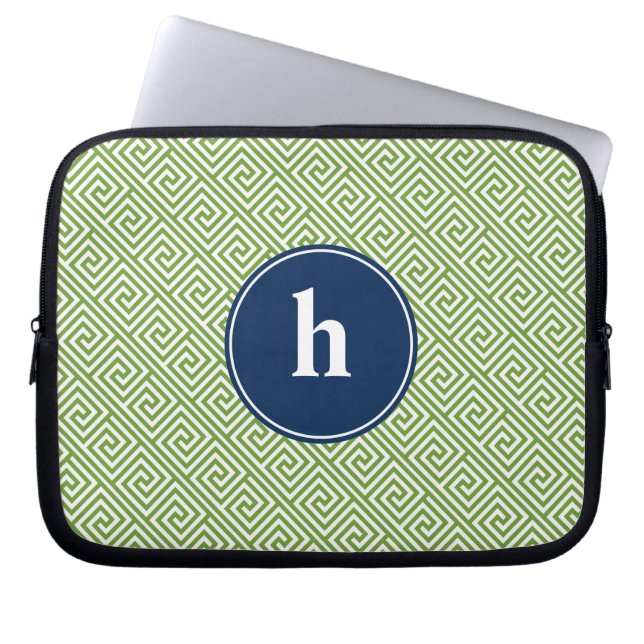Protection Pour Ordinateur Portable Monogramme de Motif de clé grecque verte et bleue (Devant)
