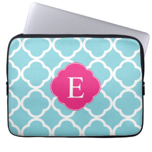 Protection Pour Ordinateur Portable Monogramme de Quatrefoil Rose Bleu