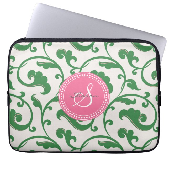 Protection Pour Ordinateur Portable Monogramme floral vert girly élégant de motif (Devant)