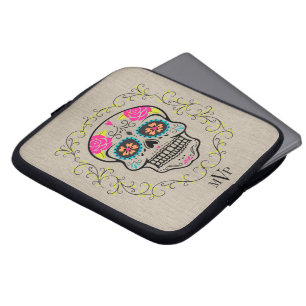 Protection Pour Ordinateur Portable Monogramme Hipster Coloré Sugar Skull Burlap