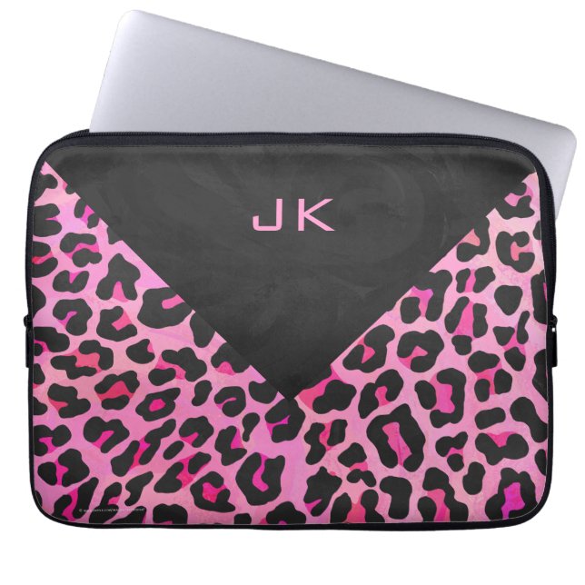 Protection Pour Ordinateur Portable Monogramme Leopard noir et rose chaud (Devant)