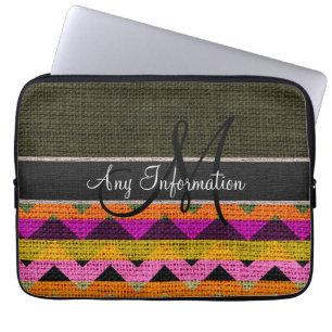 Protection Pour Ordinateur Portable Monogramme Vert foncé Chevron Zigzag Burlap Jute