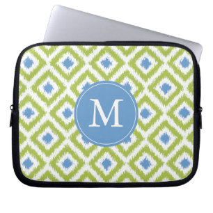 Protection Pour Ordinateur Portable Monogrammed Blue Green Diamond Ikat Pattern