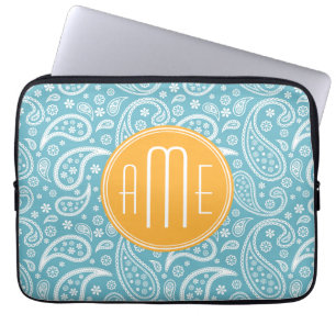 Protection Pour Ordinateur Portable Motif bleu de Paisley d'Aqua floral et monogramme