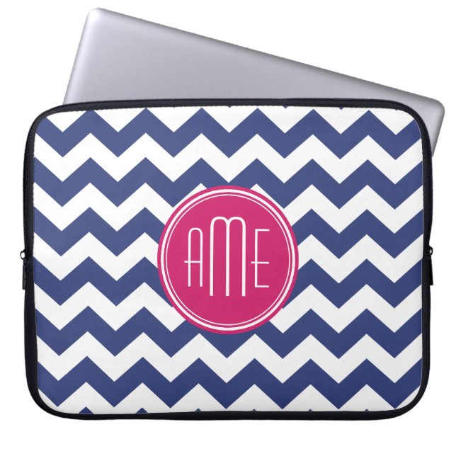 Protection Pour Ordinateur Portable Motif Chevron avec Monogram - Navy Magenta (Devant)