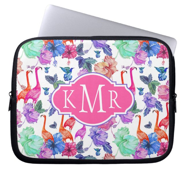 Protection Pour Ordinateur Portable Motif d'aquarelle tropicale| Monogramme (Devant)