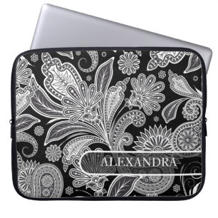 Protection Pour Ordinateur Portable Motif floral orné noir et blanc
