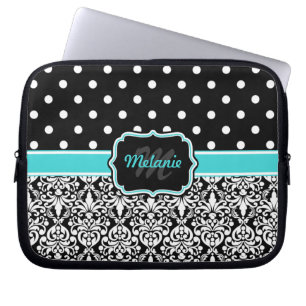 Protection Pour Ordinateur Portable Noir bleu monogramme Damask Polka Dot