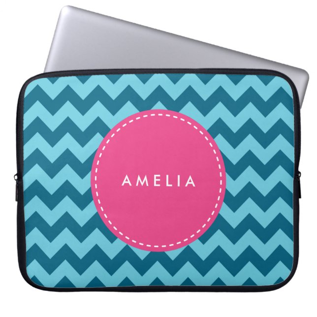Protection Pour Ordinateur Portable Nom personnalisé Monogram Blue Chevron (Devant)