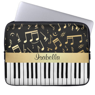 Protection Pour Ordinateur Portable Notes musicales et touches de piano Noir et Or