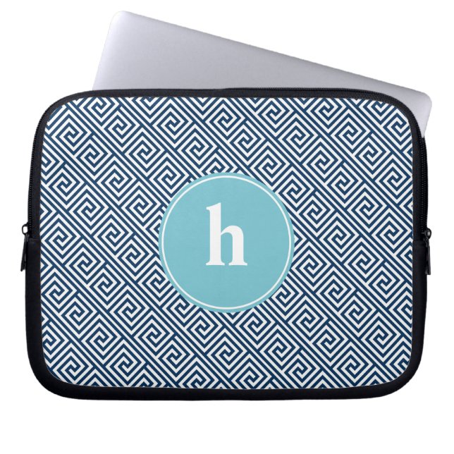 Protection Pour Ordinateur Portable Nuances de bleu grec Motif clé Monogramme (Devant)