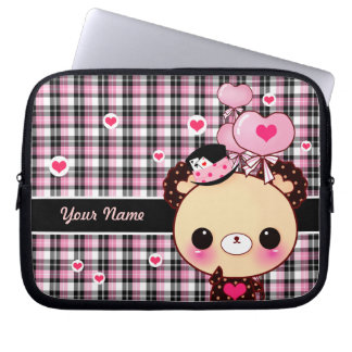 Protection Pour Ordinateur Portable Ours mignon avec des ballons sur le plaid noir et