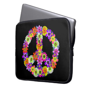 Protection Pour Ordinateur Portable Panneau de paix Floral sur noir