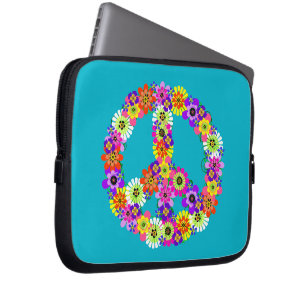 Protection Pour Ordinateur Portable Panneau de paix Floral sur Turquoise